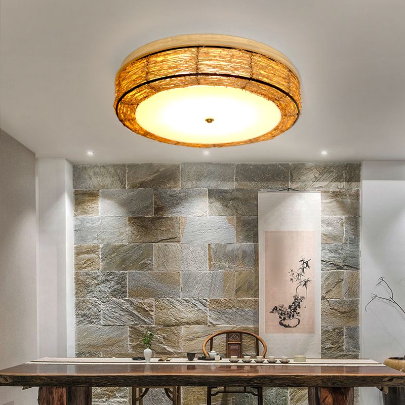 Ronde Vorm Plafondlamp Aziatische Stijl Rotan 3 Lichten Flush Mount voor Slaapkamer