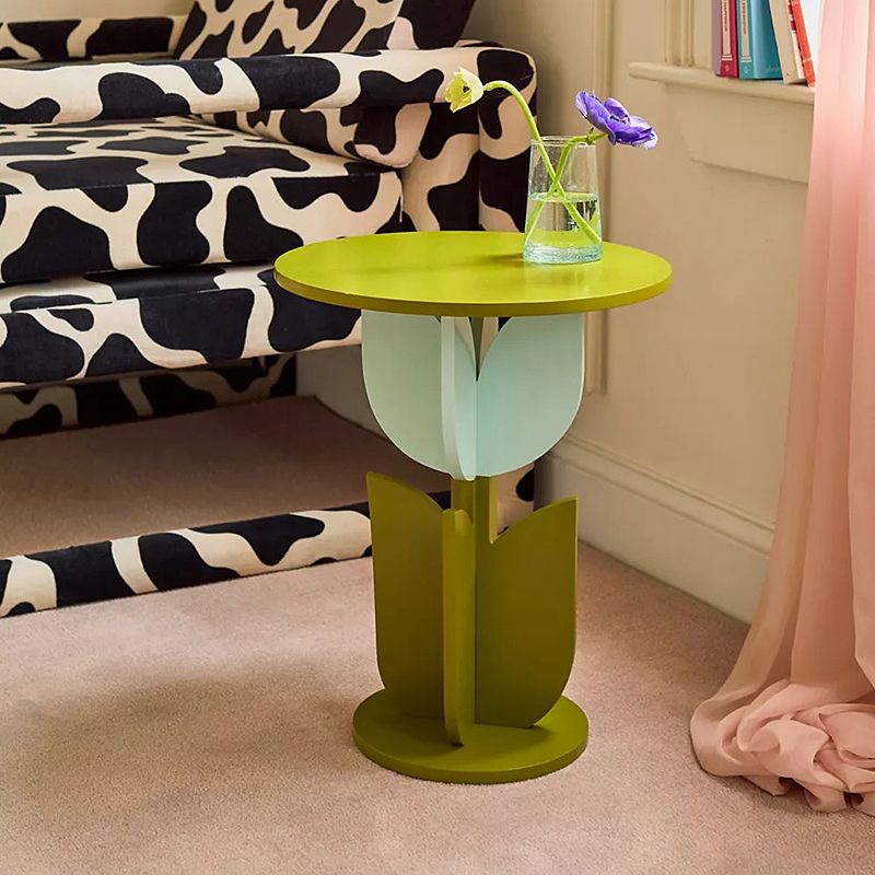 Scandinavian Wood/Glass Top End Table Dia 15.75" Tulip Shape Side Table in Green