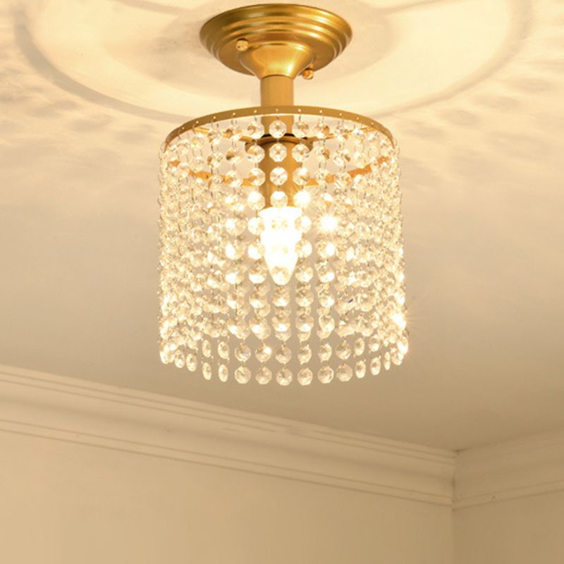 Cylindrical Crystal Strand Semi Flush Lamp Simple 1-Light Gold Finish Close to Ceiling Lighting