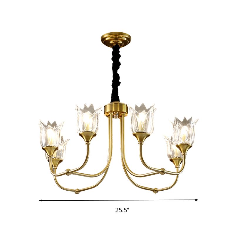 Flor de vidrio transparente luz posmoderna 6 cabezas comedor lámpara lámpara en oro