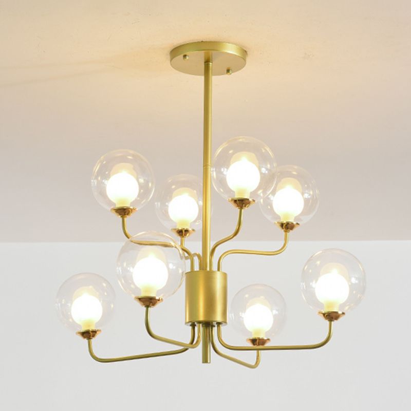 Spherical Bedroom Semi Flush Lighting Clear Glass 8 Lights Minimalist Close to Ceiling Lamp in Black/Gold