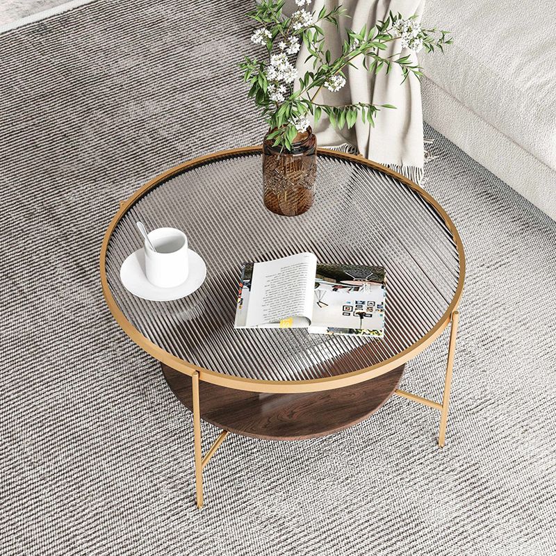 Glass Top 4 Legs Coffee Table Modern Round Cocktail Table in Black/Gold