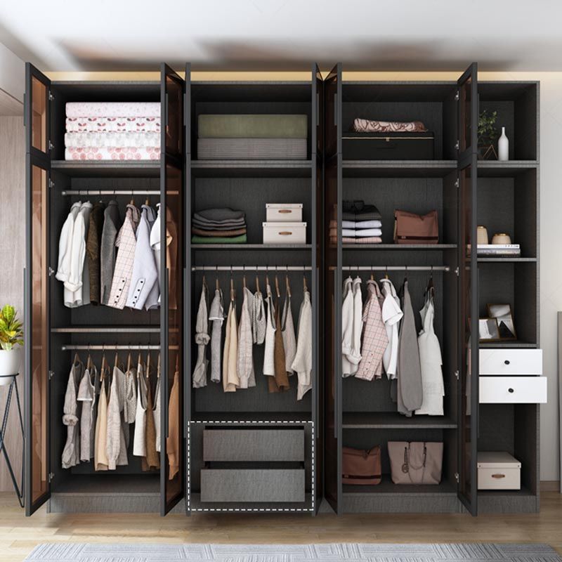 Modern Grey Wardrobe for Home Mirrored Finish Cabinet with Glass Door