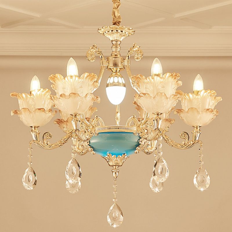Gold Floral Chandelier Lighting Mid Century Frosted Glass 6/8 Heads Bedroom Pendant with Crystal Drop