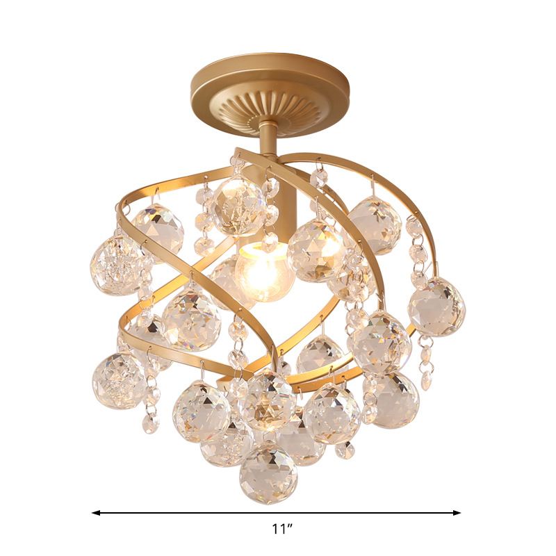 Faceted Crystal Ball Spiral Semi Flush Light Postmodern 1 Light Brass Ceiling Light Fixture