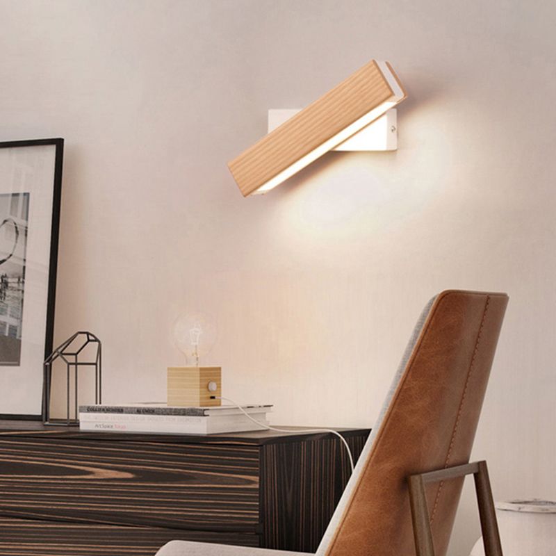 Modern Indoor Wall Sconce LED Rectangular Wooden Wall Lamp for Bedside with Adjustable Head
