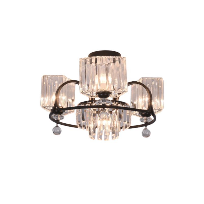 Éclairage trapézoïde cristallin Aménagement contemporain 4/8 Bulbes Dinning Room Semi Flush With Black Frame
