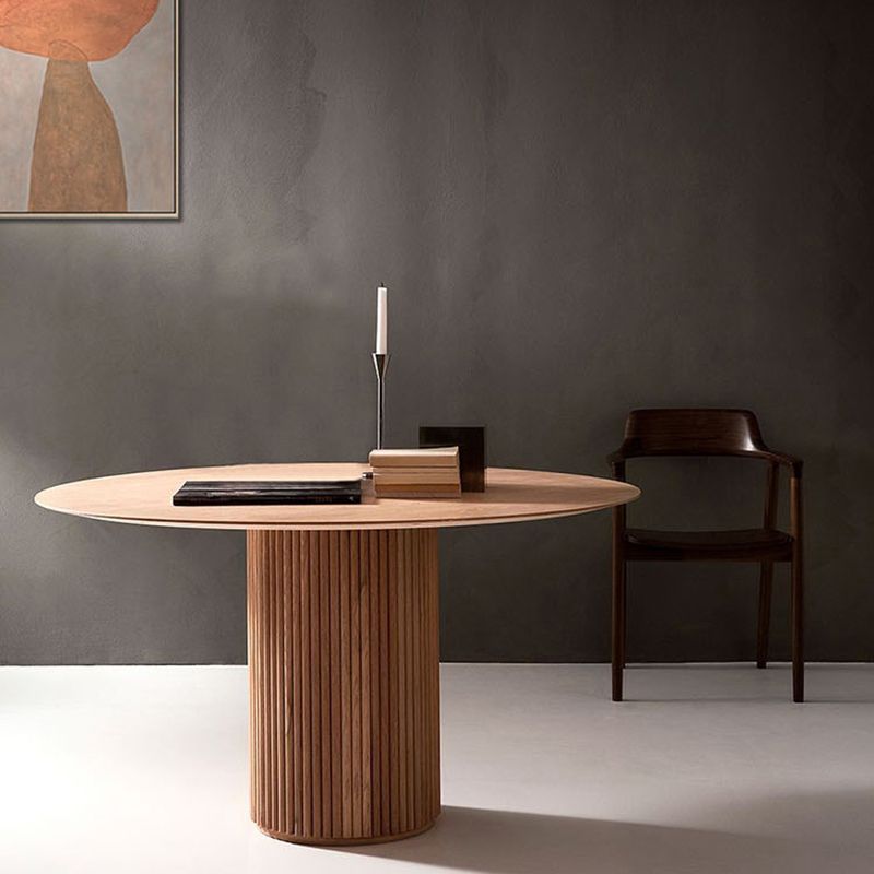 Modern Solid Wood and Stone Round Dining Table with Pedestal