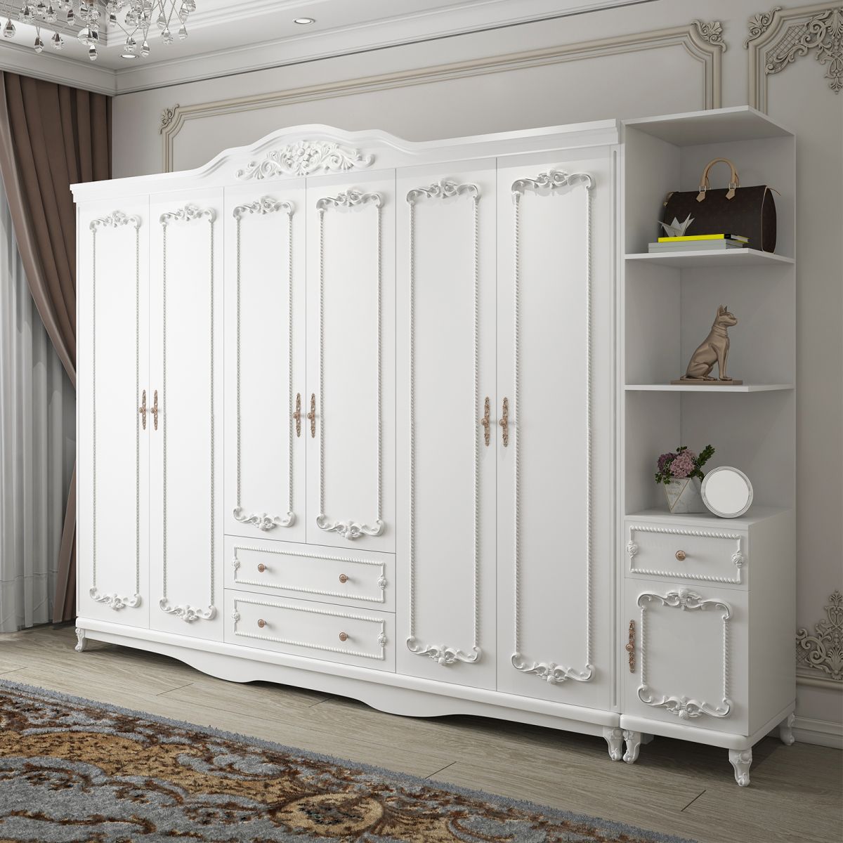French Country White Wardrobe for Bedroom Manufactured Wood Cabinet with Drawers
