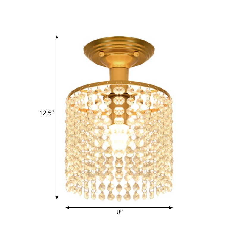 Cylindrical Crystal Strand Semi Flush Lamp Simple 1-Light Gold Finish Close to Ceiling Lighting