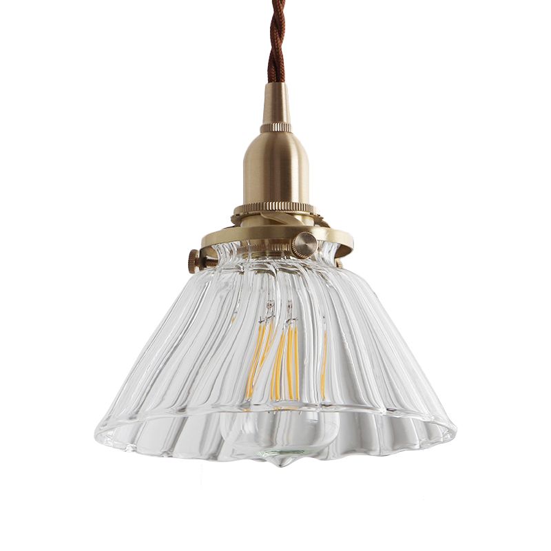 Clear Sleek/Ribbed Glass Brass Pendant Lamp Cone 1 Light Rustic Down Lighting for Dining Room