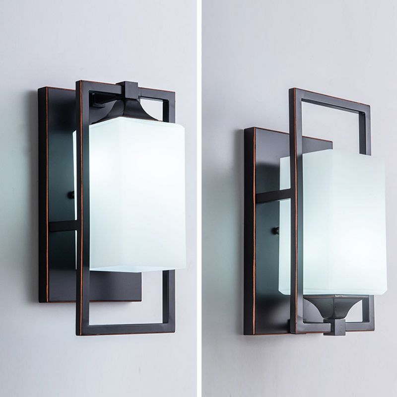 Retro Metal Wall Light Black 1 Light Wall Sconce with White Glass for Living Room