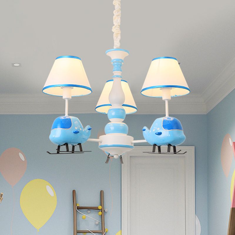 Cartoon Aircraft Chandelier Light Fixture Resin 3/5 Lights Child Room Ceiling Lamp with Cone White Fabric Shade in Blue