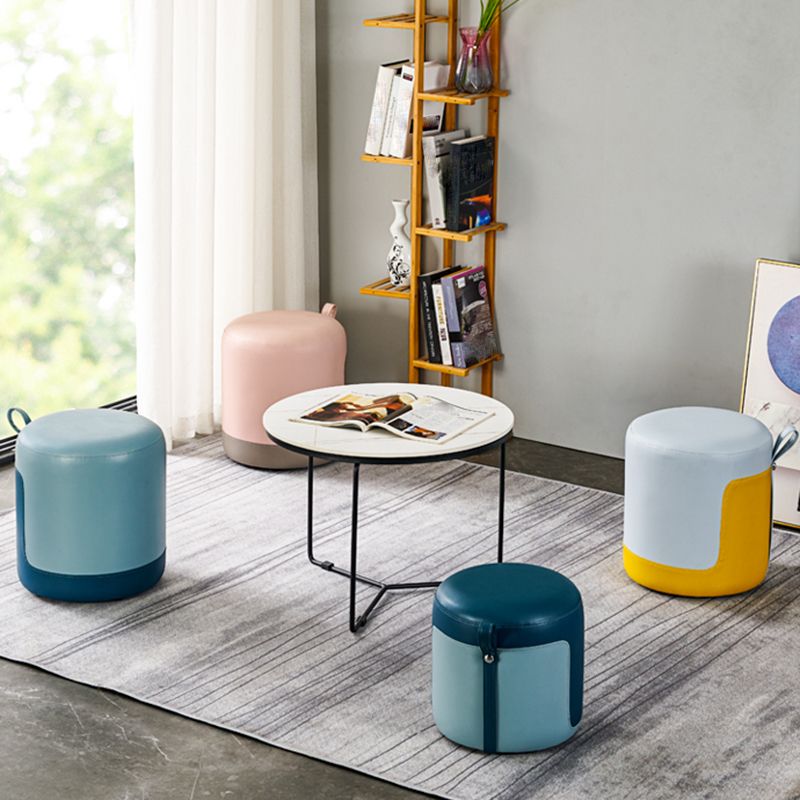 Modern Ottoman Contrast Panel Genuine Leather Indoor Round Pouf