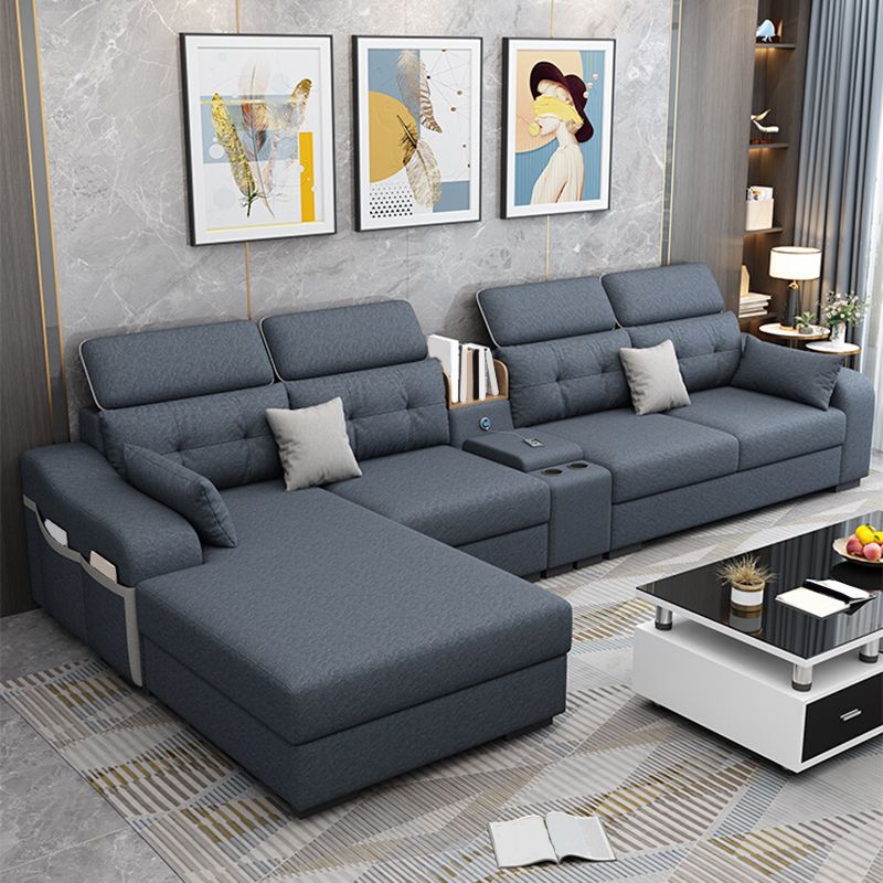 Cotton Blend Pillowed Back L-Shape Cushions Furniture Sectionals for 4 People