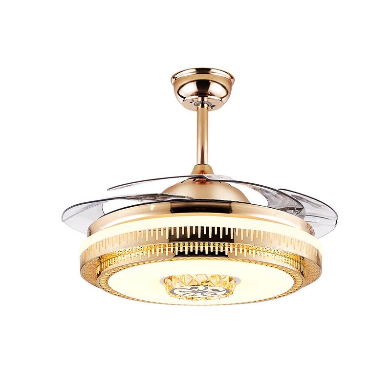 Circular Living Room Fan Lighting Modernism Crystal 4-Blade Gold LED Semi Flush Ceiling Light, 42" Wide
