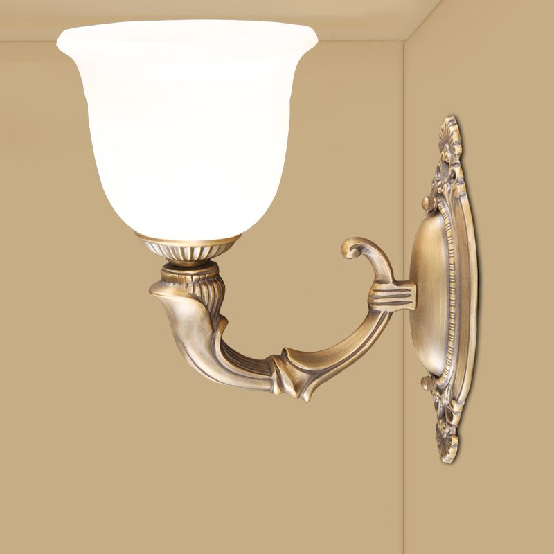 Retro Bell Wall Mounted Lamp 1-Bulb Ivory Glass Sconce Light Fixture in Bronze for Aisle