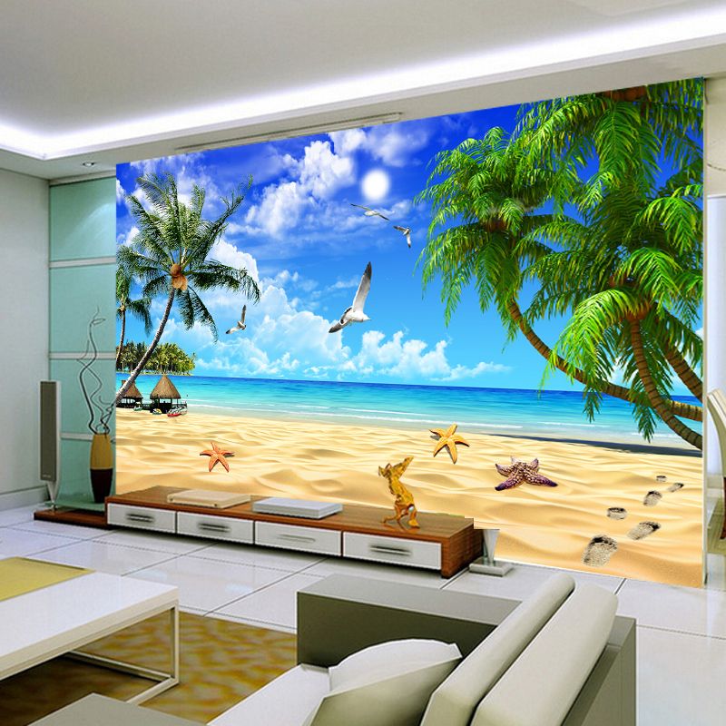 Full Seashore and Tree Mural for Bedroom Seagull Wall Art in Blue for Home Decoration