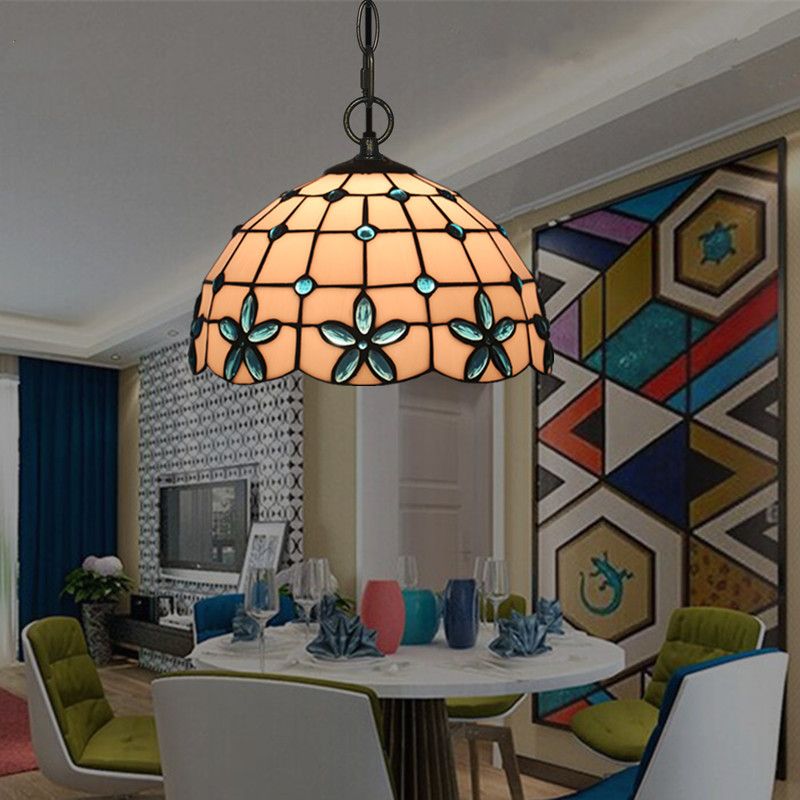 1-Head Hanging Light Kit Tiffany Lattice Bowl White Glass Jeweled Flower Pendant Lighting for Dining Room