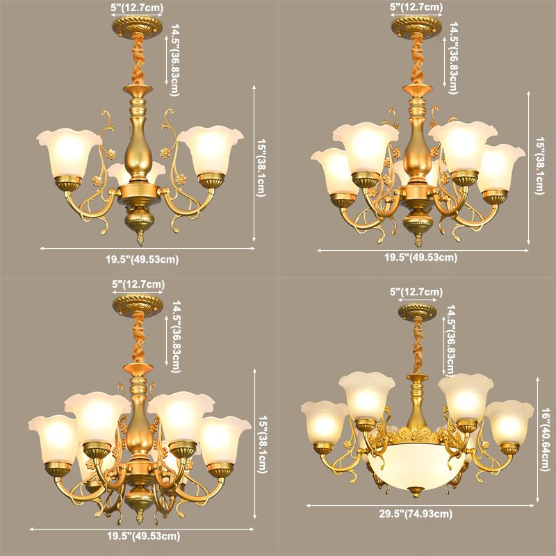 Flower Chandelier Lighting Fixtures Traditional Multi-Head Suspension Light with White Glass Shade