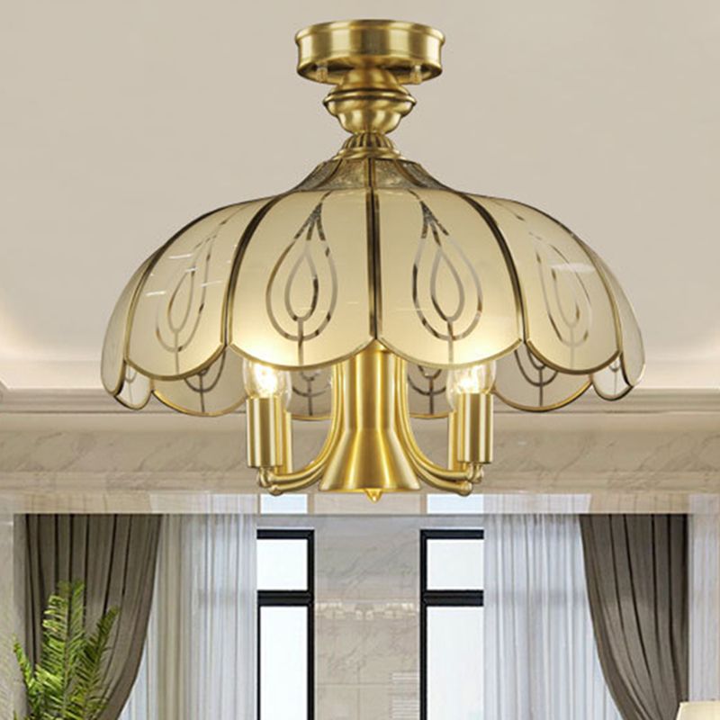Latón 4 cabezas Semi Flush Estilo rural Vidrio esmerilado con techo cubierto de vidrio con patrón de hoja