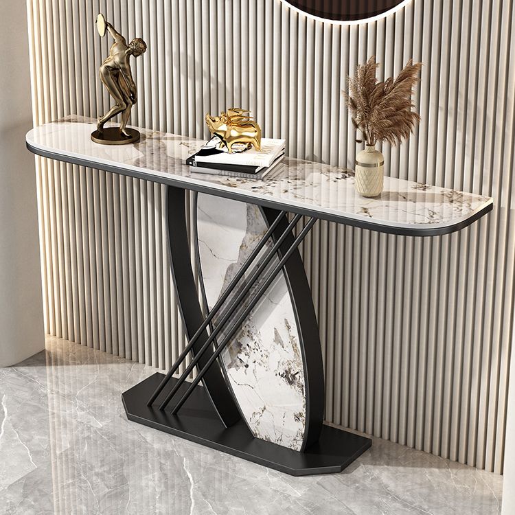 Stone Half Moon Accent Table with Iron Pedestal Base for Hall