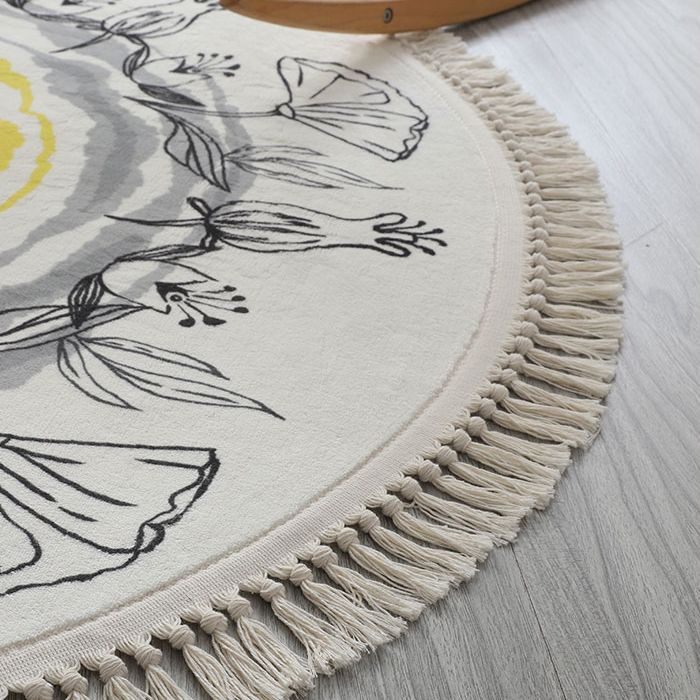 Round White Tone Modern Indoor Rug Polyester Floral Print Rug Non-Slip Backing Indoor Rug for Living Room