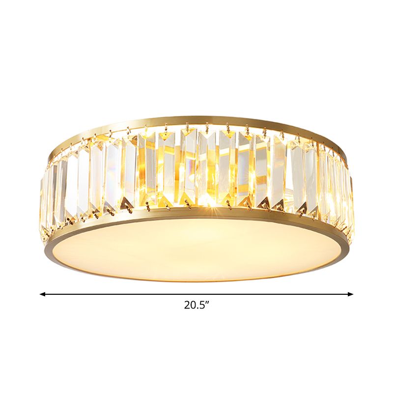 Crystal Drum Flush Mount Lamp Simplicity 3/4/5 Bulbs Bedroom Ceiling Light in Gold, 12.5"/16.5"/23.5" Wide