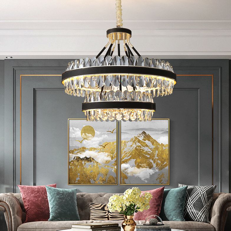 Minimalistische kreisförmige LED-LED-Kristallkristall Wohnzimmer Decke Anhänger Licht in Schwarzgold