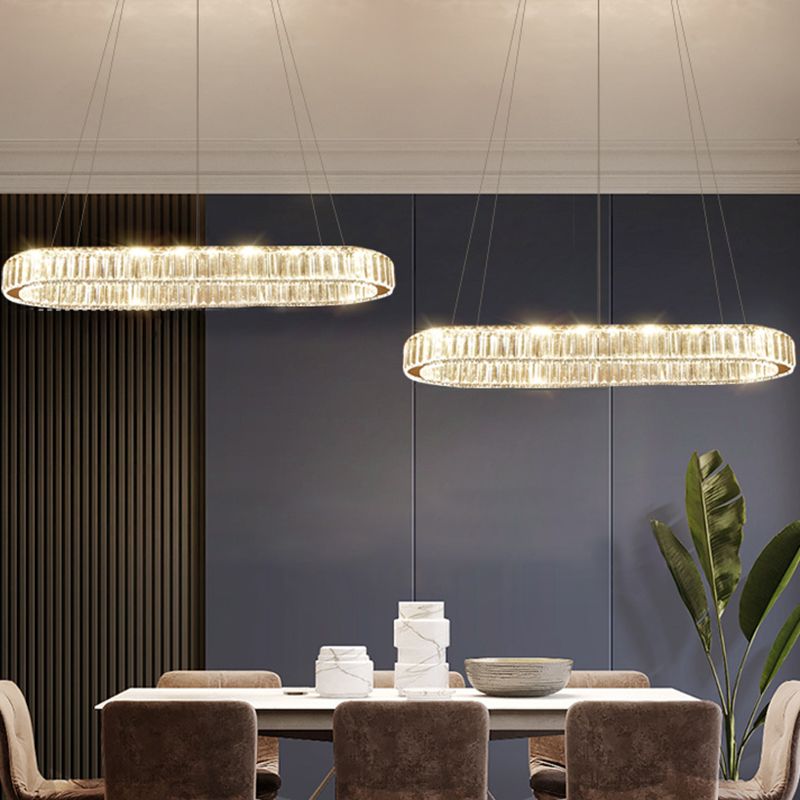 Restaurant LED Hanging Pendant Simple Stainless Steel Island Light with Oval Crystal Shade