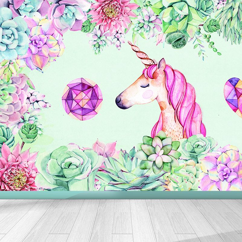 Kids Flower Border Unicorn Mural Green and Pink Waterproofing Wall Art for Nursery