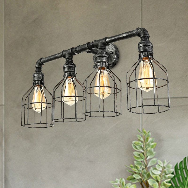 4 Lichter Steampunk -Leuchte -Leuchte mit Drahtschutz Retro -Stil gealtert Silber Metallic Leuchtenbeleuchtung
