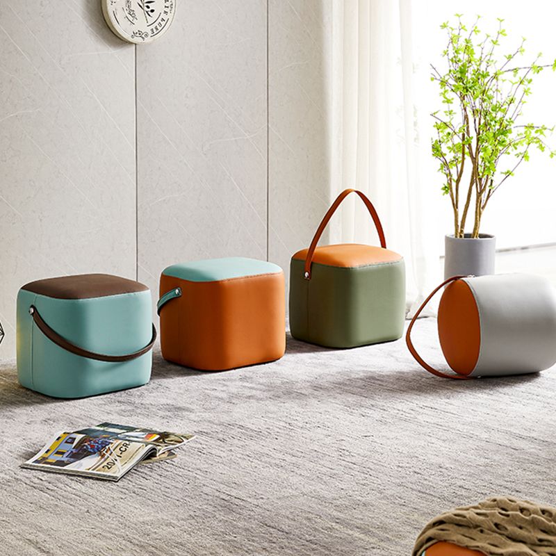 Creative Round Footstool Ottoman Patchwork Color Block Leather Ottoman