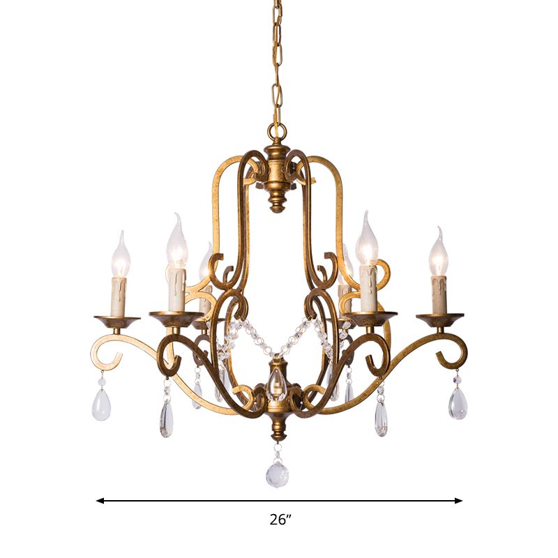 Traditional Candle-Style Chandelier Light 6 Lights Crystal Hanging Lamp Kit in Brass for Kitchen