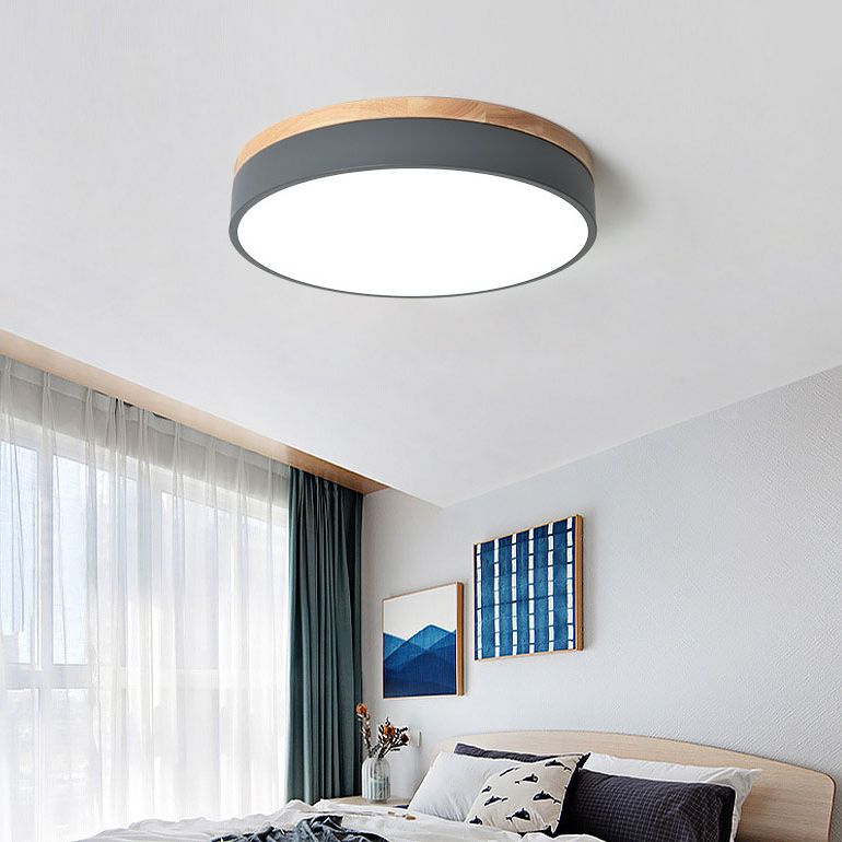 Metalen trommelvormige inbouwlamp Macaron LED-plafondlamp met houten luifel voor slaapkamer
