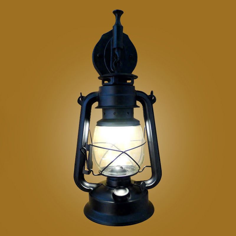 1-Light Wall Lighting Warehouse Dining Room Wall Lamp with Lantern Clear Glass Shade in Black