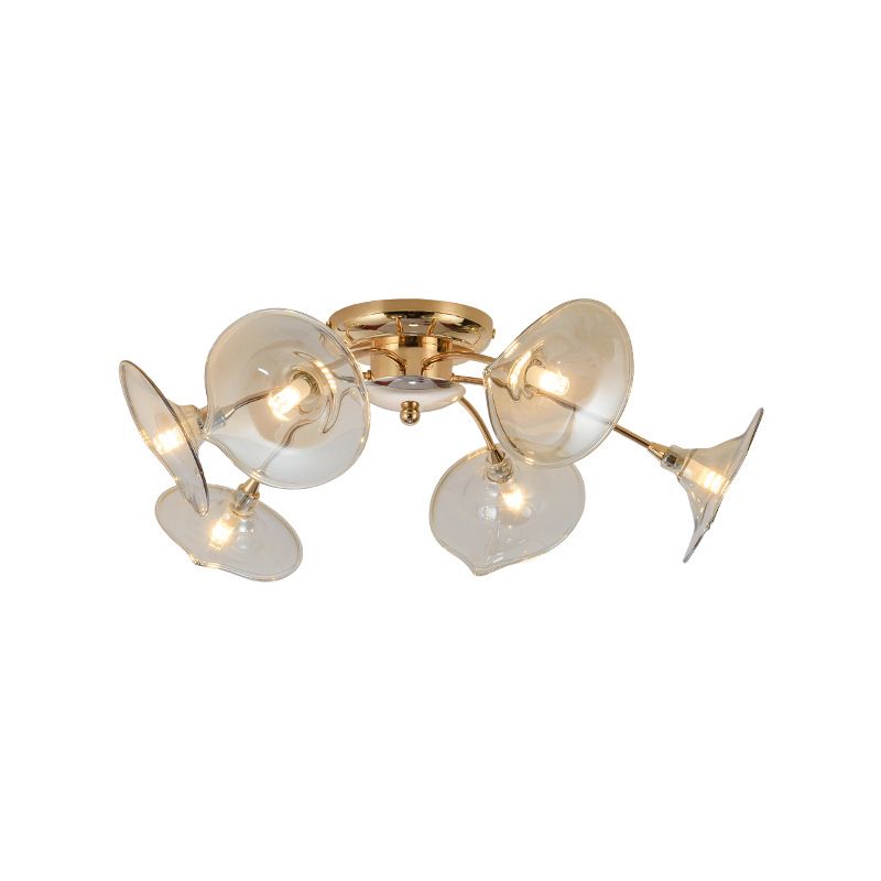 Gold Flared Semi Flush Light Fixture Post Modern 6-Bulb Green/Clear Glass Flush Mounted Lamp for Living Room