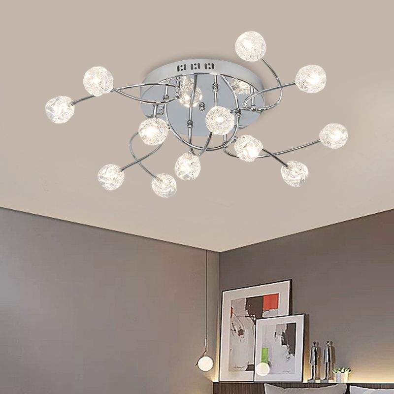 Minimalism Globe Semi Flush Light Beveled Crystal 12/16/20-Bulb Sitting Room Close to Ceiling Lamp in Chrome