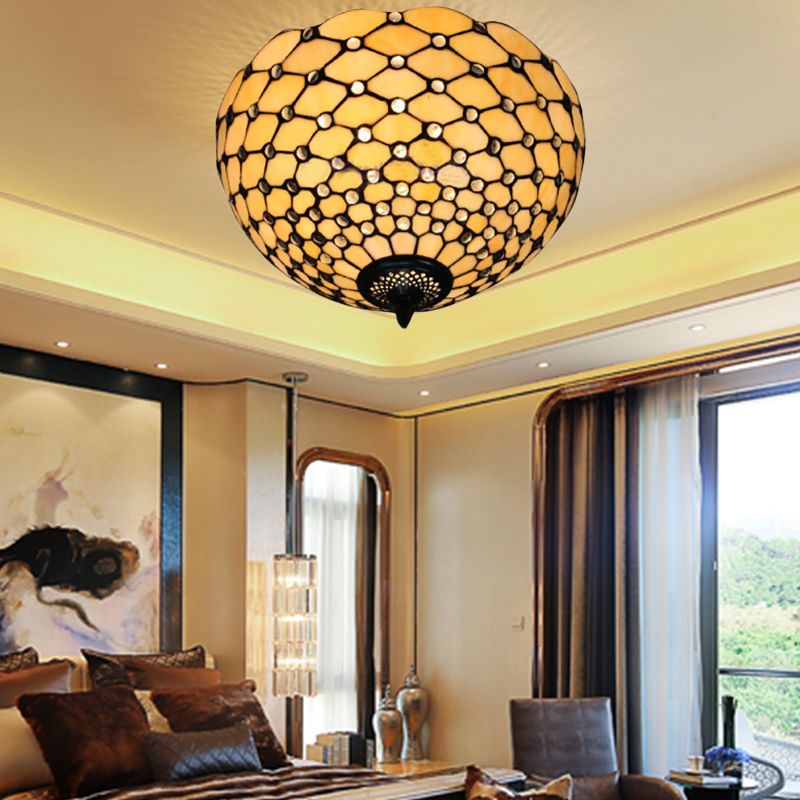 Beige / Black Bowl-Shaped Ceiling Light Fixture Tiffany Stained Glass 1/2 Lights Flushmount Ceiling Light