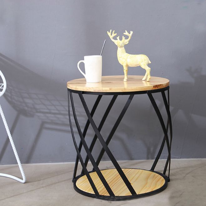 Drum End Table with Storage Solid Wood Round Top and Metal Base