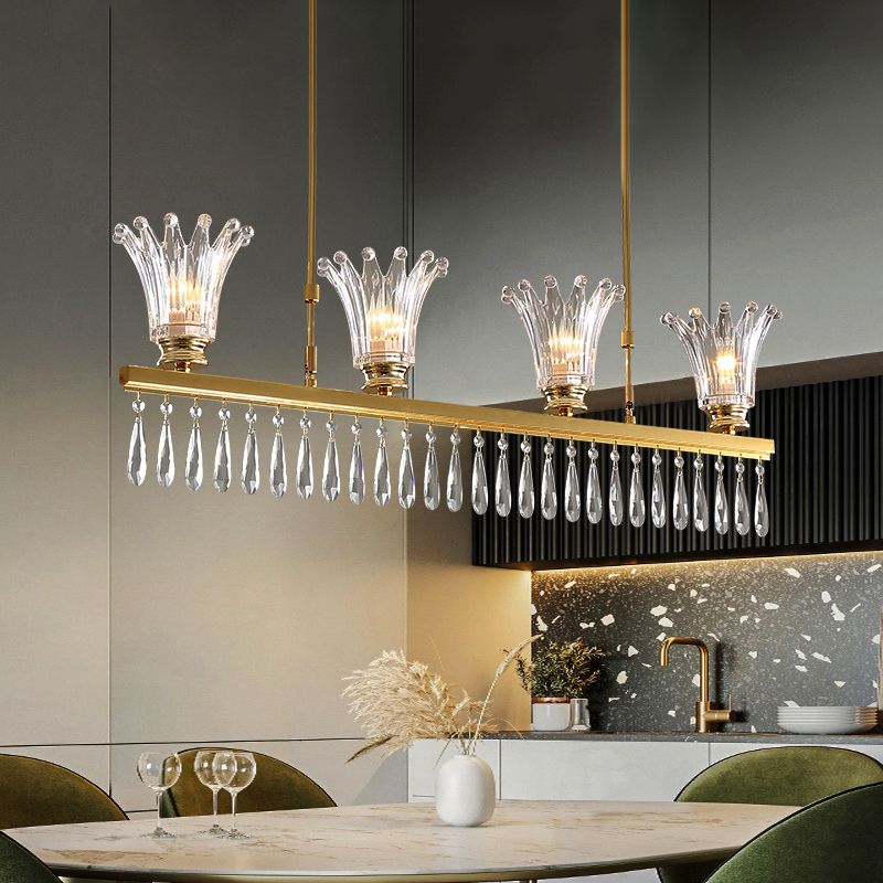 Contemporary Flared Island Light Fixture Clear Crystal Glass 4 Bulbs Suspension Lamp in Gold with Droplets