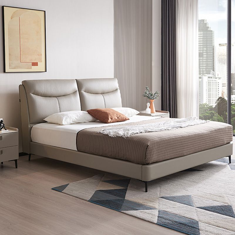 Genuine Leather Panel Bed Solid Color Upholstered Headboard Standard Bed