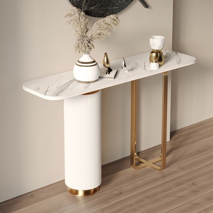 Glam Stone Console Sofa Table Rectangle Metal End Table for Hall