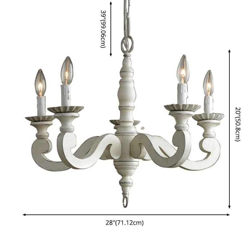 Ceiling Chandelier French Country Candle Wooden Pendant Lighting in White