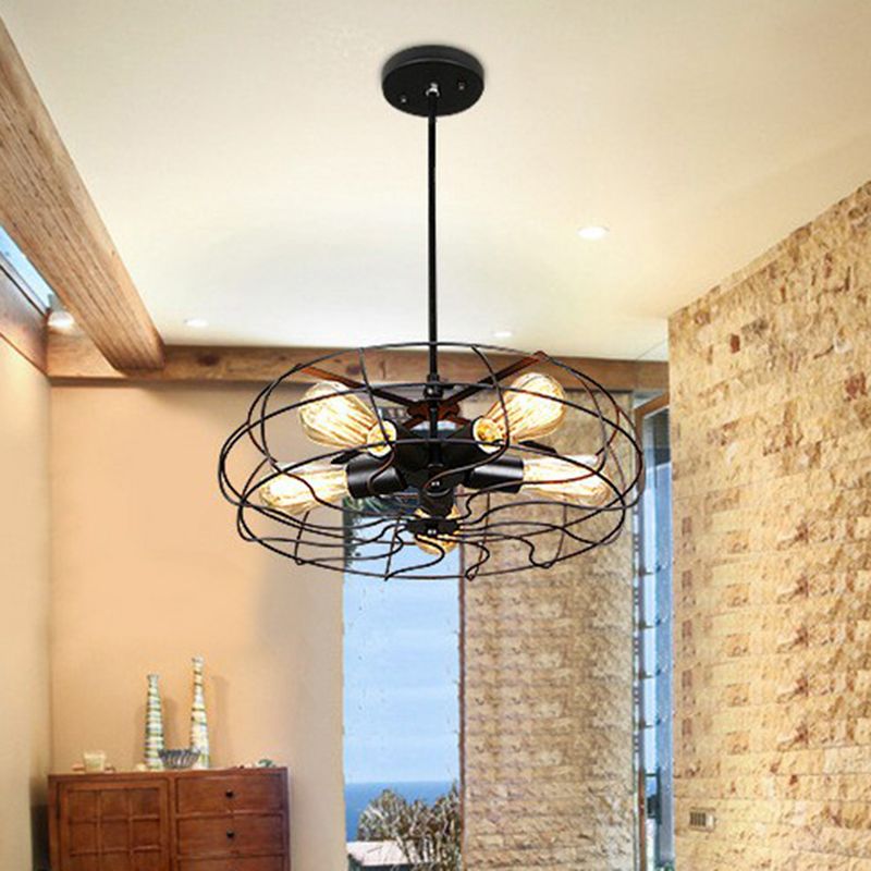 5-Light Cage Hanging Lamp Industrial Iron Chandelier Lighting Fixture for Bedroom