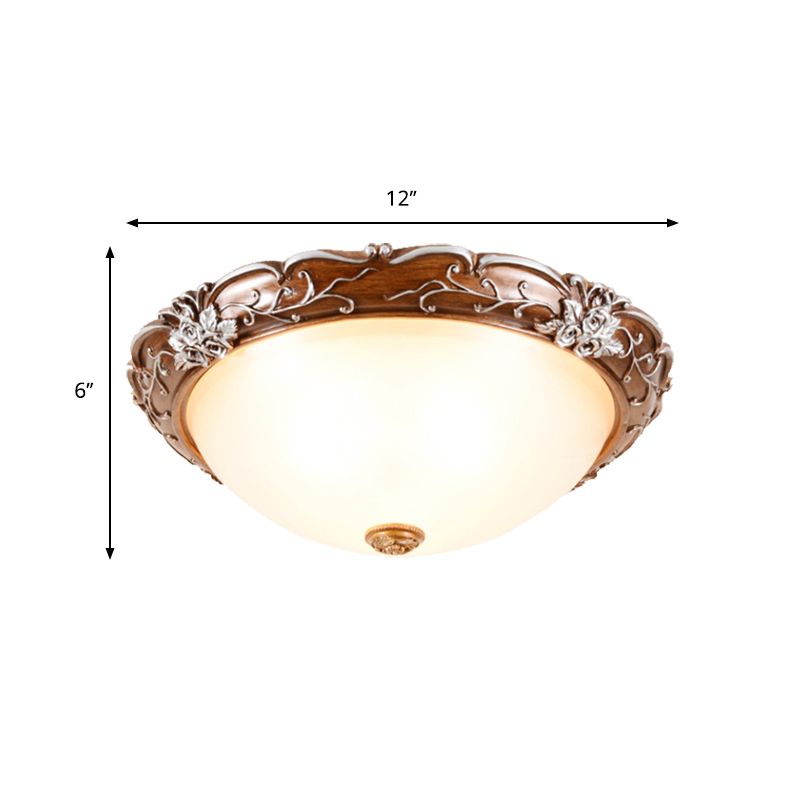 Milky Glass Brown Ceiling Lamp Semi-Spherical 3 Bulbs Countryside Flush Mount Lighting with Flower Pattern