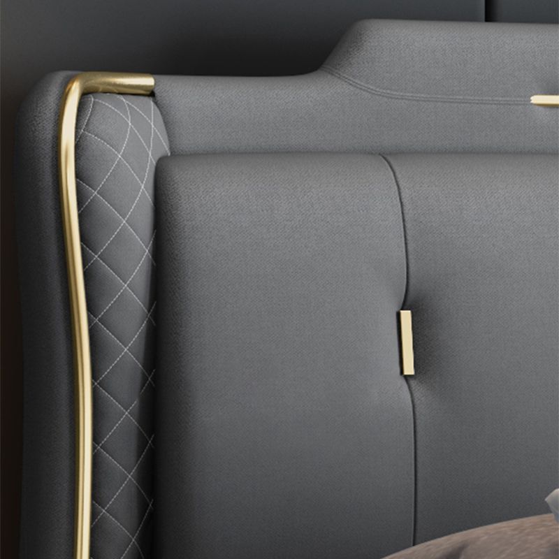 Faux Leather Glam Panel Bed with Wooden Upholstered Headboard