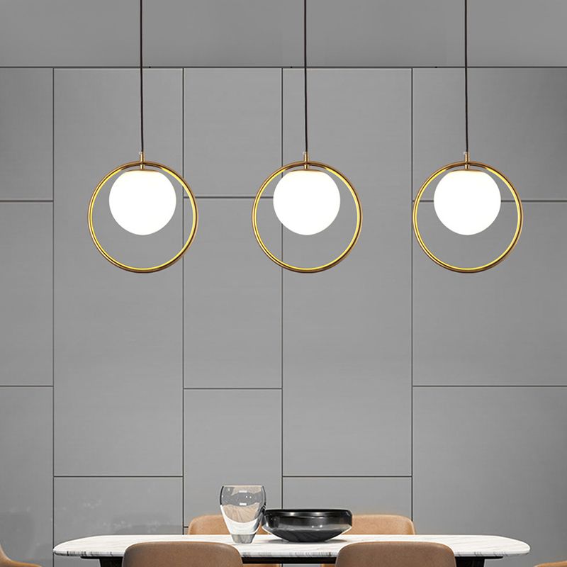 Nordic Minimalism Golden Ring Hanging Light with White Glass Ball Shade Mini Pendant Fixtures for Bedside