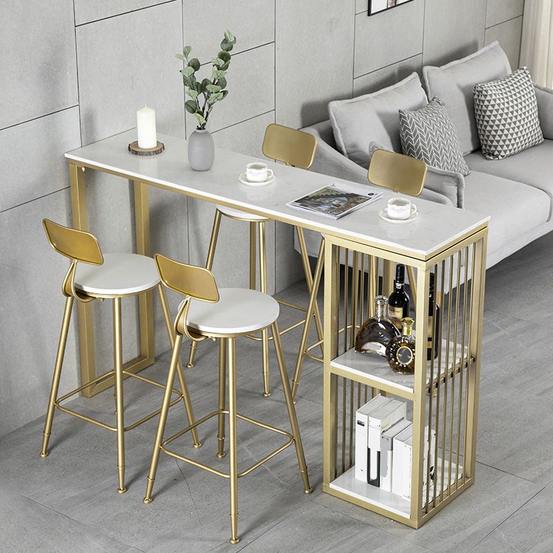 White Rectangle Faux Marble Top Bar Table Industrial Double Pedestal with Shelves