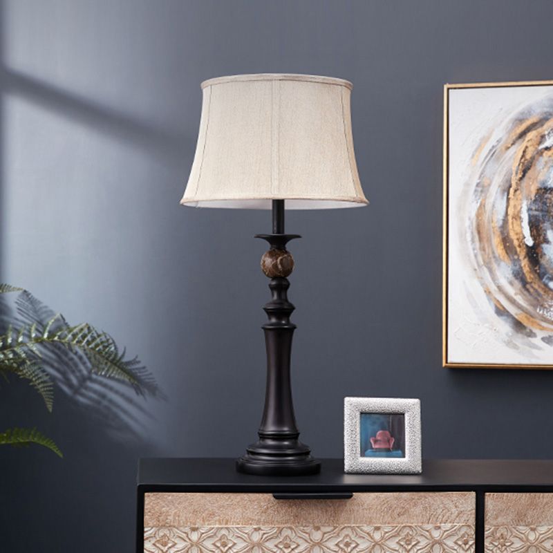 Baluster Design Resin Desk Light Retro 1-Head Study Room Night Table Lamp in Black with Fabric Shade
